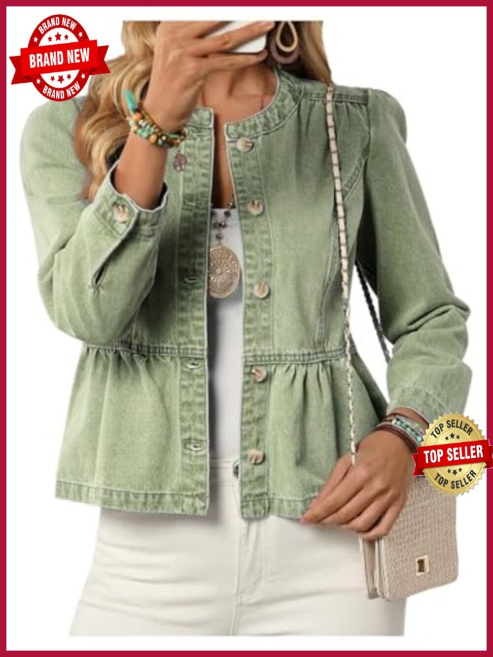 Button Down Denim Jacket Long Puff Sleeve Ruffle Peplum Outerwear